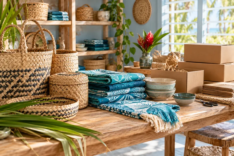 Illustrative maker workspace with woven baskets, textiles and ceramics